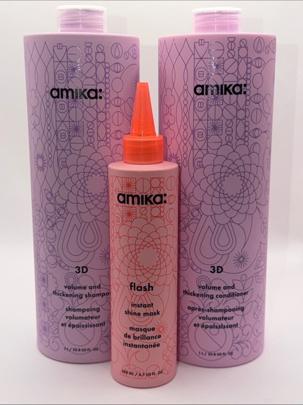 BUNDLE of JUMBO AMIKA 3D SHAMPOO+CONDITIONER+AMIKA FLASH SHINE MASK NEW/SEALED!